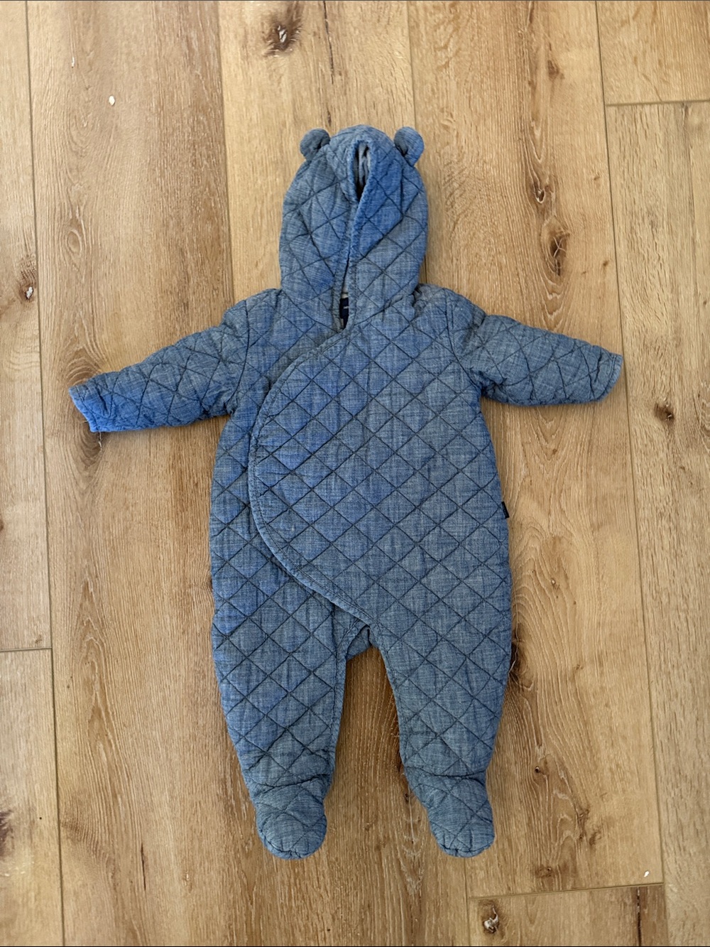 GAP | Quilted Denim-Blue Hooded Footed One-Piece | size 6-12 months